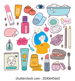 Beauty Make and Me time (maquillaje de belleza y tiempo) Objeto Kawaii Doodle Set