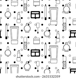 Beauty make up with polka dots Seamless pattern. Vector graphic line illustration. Black and white cosmetic makeup art. For poster, invitation, backdrop, ad, sale promotion, print for t-shirt


