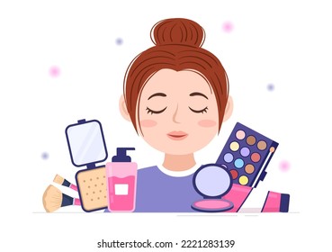 Beauty and Make up School with Cosmetic Products to Study and Beautiful Girls Applying Makeup in Flat Cartoon Hand Drawn Templates Illustration