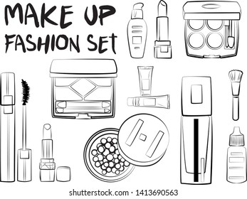 Beauty make up set. Mascara, lipstick, eye shadows, brush, powder, lip gloss, perfume - Fashion illustration vector. Beauty Make up Fashion Girl Day Doodle Icons Hand Made