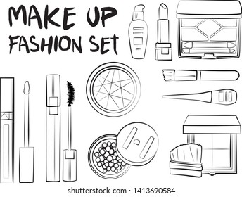 Beauty make up set. Mascara, lipstick, eye shadows, brush, powder, lip gloss, perfume - Fashion illustration vector. Beauty Make up Fashion Girl Day Doodle Icons Hand Made