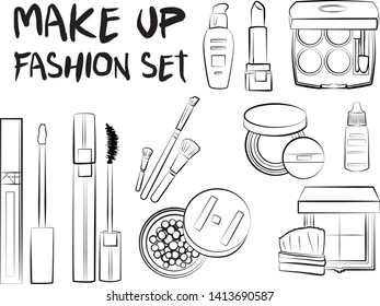 Beauty make up set. Mascara, lipstick, eye shadows, brush, powder, lip gloss, perfume - Fashion illustration vector. Beauty Make up Fashion Girl Day Doodle Icons Hand Made