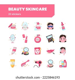 beauty make up skincare routine product for woman skincare sticker illustration set