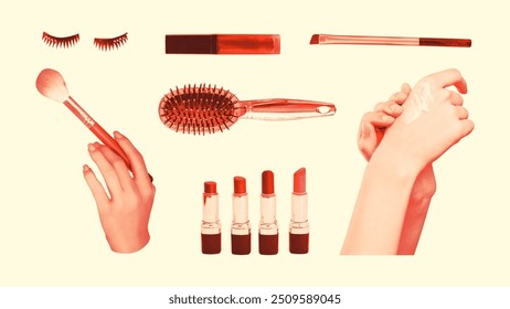 Schönheit und Make-up-Tools Collage, monochrome Pfirsich Fuzz Farbobjekte einzeln auf gelbem Hintergrund. Vektorgrafik