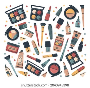 Beauty make up, cosmetics face and body care products. Doodle mascara, shadows, foundation, nail polish, brush and sponge vector set. Hand drawn beauty makeup items