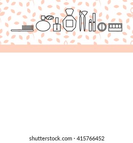 Beauty makeup accessories header banner flyer template. Pink color cosmetic line icons card design.