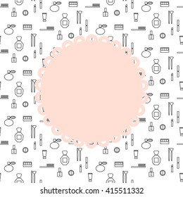 Beauty makeup accessories round banner flyer template. Pink color cosmetic line icons card design.