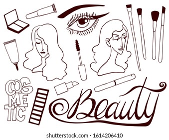 Beauty makeup accessories shadow vector illustration hand drawing
