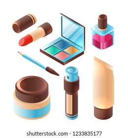Beauty makeup accessory. Pink lipstick professional eye shadow plastic palette container vector isometric