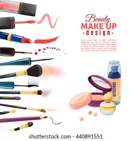 Beauty makeup advertisement poster with realistic nailpolish and face paint rouge cosmetics products samples border vector illustration
