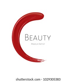 Beauty Makeup Artist logo template with red textured lipstick stroke circle and inscription Beauty on white background. Fashion design of emblem for stylist. Design of logotype and business card