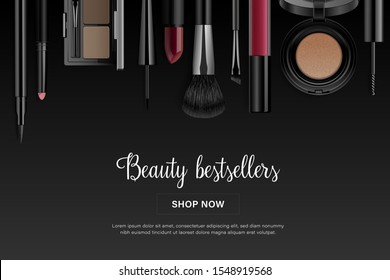 Beauty makeup banner. Cosmetic products 3d realistic vector illustration. Advertising luxury template for online store. Make up tools, cases, packaging isolated on black background.