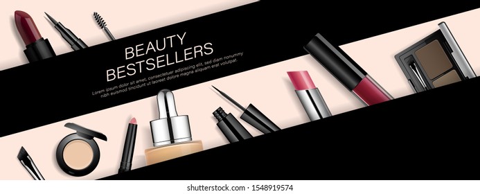 Beauty makeup banner. Cosmetic products 3d realistic vector illustration. Advertising trendy template for online shop. Make up tools background  for web and print.