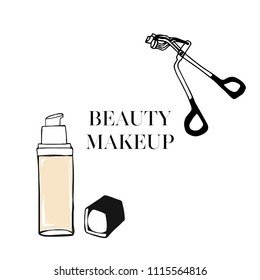 Beauty makeup banner with foundation cream and Eyelash curler. Make up cosmetic product for banner, poster. Liquid foundation cream tube and Eyelash curler. Beauty make-up Vector illustration