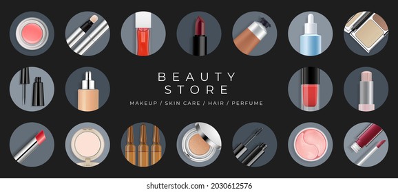Beauty makeup banner template. Cosmetic products collection in circle frames on black background. Advertising poster design for online store, blog, artist, offers and promotion. Vector illustration.