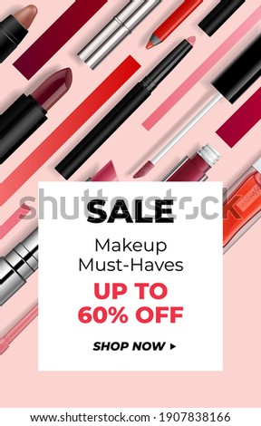 Beauty makeup banner template. Lip cosmetic products with decorative color lines on pink background. Advertising poster design for beauty store, offers and promotion. Vector illustration.