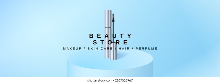 Beauty makeup banner template. Minimalist monochrome vector illustration with a steel mascara package on blue gradient background. Advertising poster mockup for cosmetic online shop or salon.