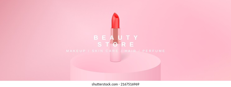Beauty makeup banner template  Minimalist monochrome vector illustration and red lipstick in pink package pink gradient background  Advertising poster mockup for cosmetic online store blog 