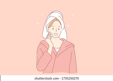 Belleza, concepto de maquillaje. Joven caricaturista sonriente o joven caricaturista usando dermatología cosmética pomada en la cara contra arrugas y granos. Ilustración del procedimiento de salud y atención de la piel.