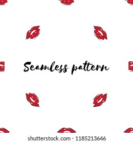 Beauty makeup copncept. Seamless pattern Red lipstick kiss on white background. Vector flat illustration for design. Printing of the lips