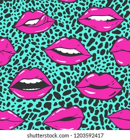 Beauty, makeup, cosmetic fashion seamless pattern. Vector red pink color doodle lips patches in pop art 80s-90s style. Woman's sexy emotions mouth.