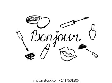 Beauty make-up and cosmetics background, drawing hands emblem. Vector black and white illustration.