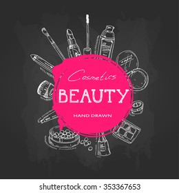 Beauty make-up and cosmetics background, drawing hands emblem. Vector illustration.