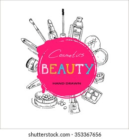 Beauty make-up and cosmetics background, drawing hands emblem. Vector illustration.