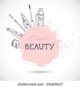 Beauty make-up and cosmetics background, drawing hands emblem. Vector illustration.