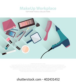 Beauty and makeup cosmetics pattern with make up artist objects lipstick, nail, perfumes, eye shadows, brushes, mascara. Workspace flat icons. Vector beauty background eps10.