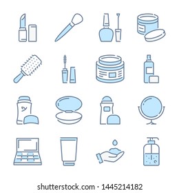 Beauty, Makeup and Cosmetics related blue line colored icons.