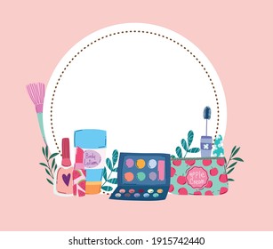 Beauty Makeup Eyeshadow Palette Cream Mascara And Nail Polish Floral Badge Vector Illustration