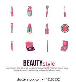 Beauty and makeup icon set. Concept image poster for wall art prints, mock up, home interior card, t-shirt.
