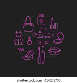 Beauty and makeup icon set in trendy linear style in circle on dark background. Perfect design element for the cosmetics shop, a hairdressing salon, cosmetology center.