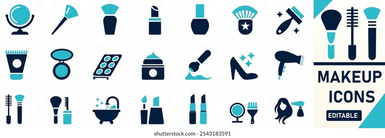 Beauty and makeup icons set Containing mirror, thigh heal Hair Dry Solid flat vector icon collection