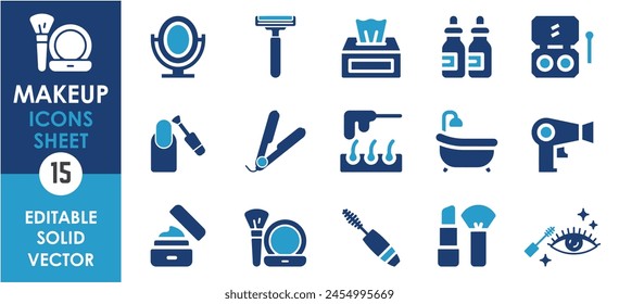 Beauty and makeup icons set with mirror, nail polish, wax, razor and so on.