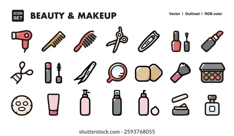 Beauty and makeup illustration icon set.Simple vector outlines, clipart for graphic design.