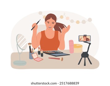 Beauty and makeup isolated cartoon vector illustrations. Young smiling girl taking online courses in makeup, having fun when shooting video, a lot of cosmetics around vector cartoon.