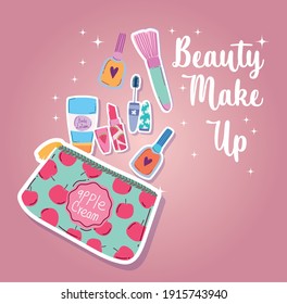 beauty makeup kit mascara, nail polish, lipstick, brush and body lotion vector illustration