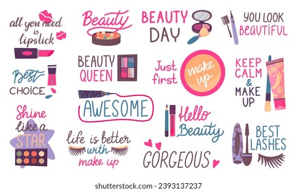 Beauty makeup lettering elements with cosmetics and tools. Female beauty motivational phrases, typography collection. Fashion stickers neoteric vector set