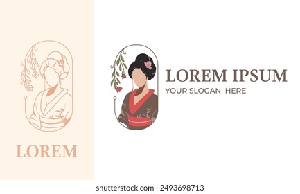 beauty and makeup logo with a female figure wearing traditional Japanese clothing