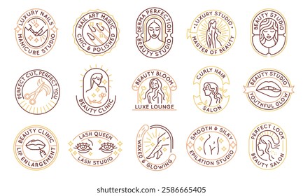 Beauty and makeup logos, labels, icons. A collection of 15 beauty trendy minimal badges. Body, Lips, Haircut, Eyebrow, Perfume icon. For branding salons, spas, beauty studios. Vector illustration.