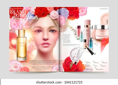 Beauty makeup magazine, attractive woman with roses headwear and recommended products listed in the page, in 3d illustration