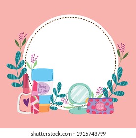 beauty makeup mirror body lotion nail polish lipstick kit and floral decoration vector illustration