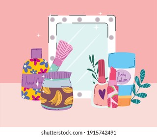 beauty makeup mirror skincare creams nail polish and lipstick vector illustration