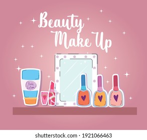 beauty makeup nail polish lipstick mirror and body lotion vector illustration