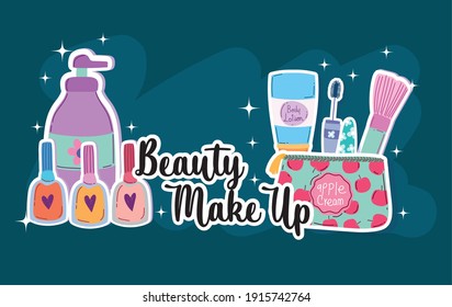 beauty makeup nail polishes mascara brush and kit cosmetics vector illustration