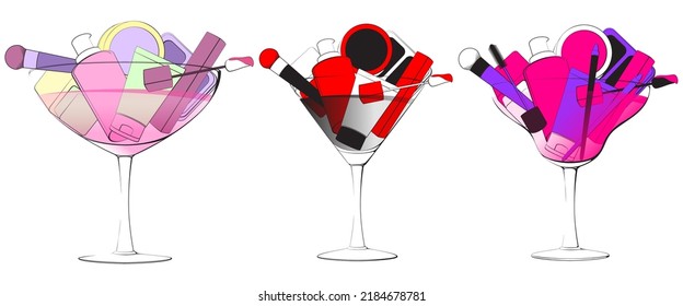 Beauty and Makeup products in a cocktail glass. Cosmetics products cocktail. The Best Cocktails for Your Skin. Illustration. Vector.