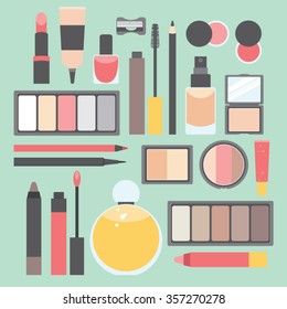 Beauty makeup products flat vector icon set