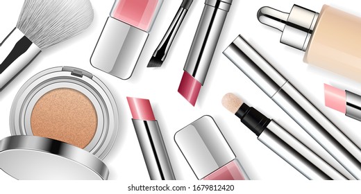 Beauty makeup products vector illustration. Face cosmetics flat lay collection isolated on white background. Advertising banner template. Realistic mockup with luxury steel packaging collection.